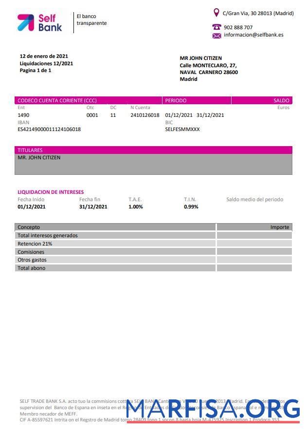 Blank Spain Self Bank proof of address statement word download for verification